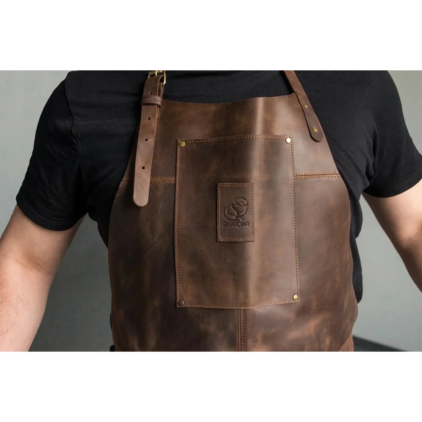 Adjustable Brown Leather Work Apron - Image 3