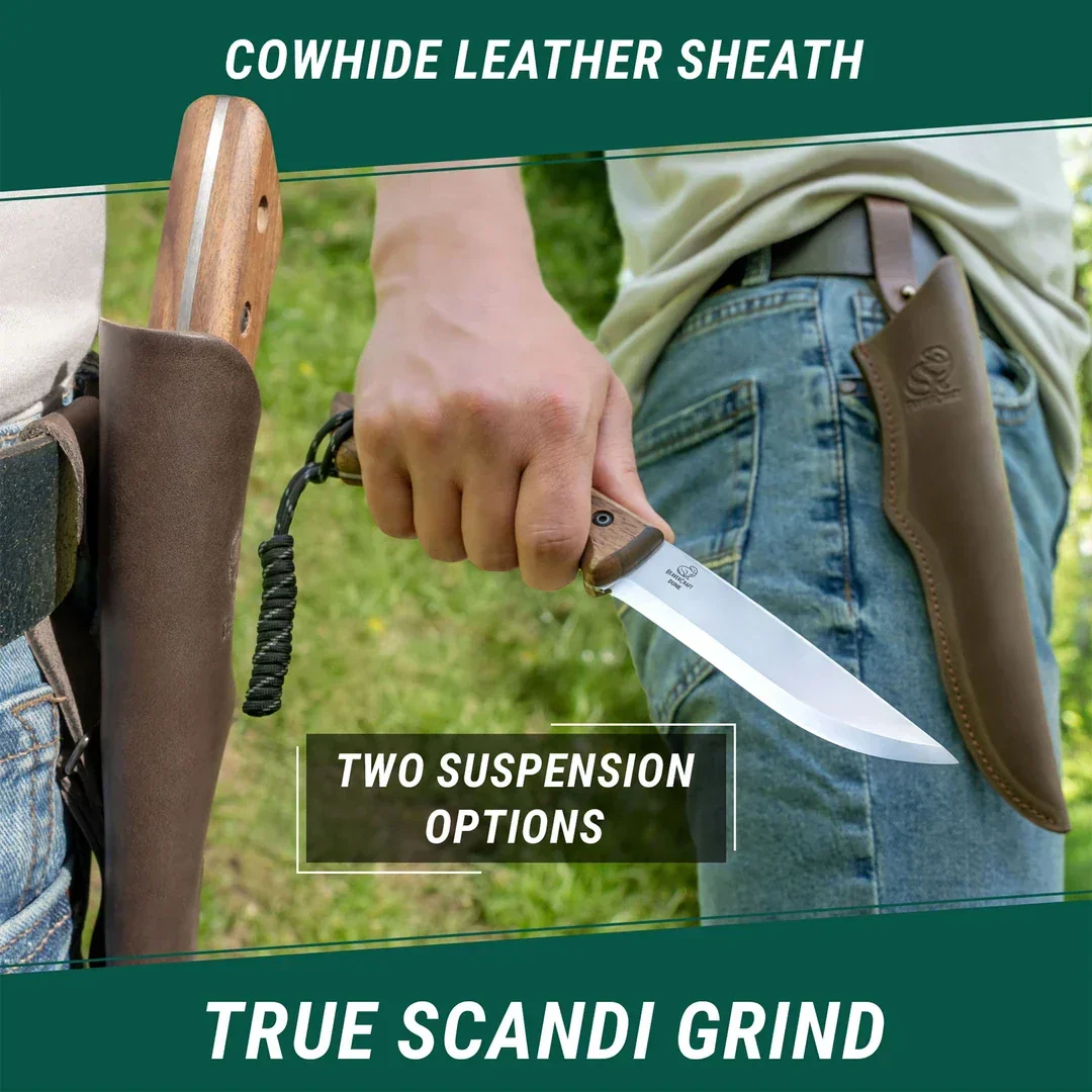Dune Carbon Steel Bushcraft Knife Walnut Handle with Leather Sheath - Image 4