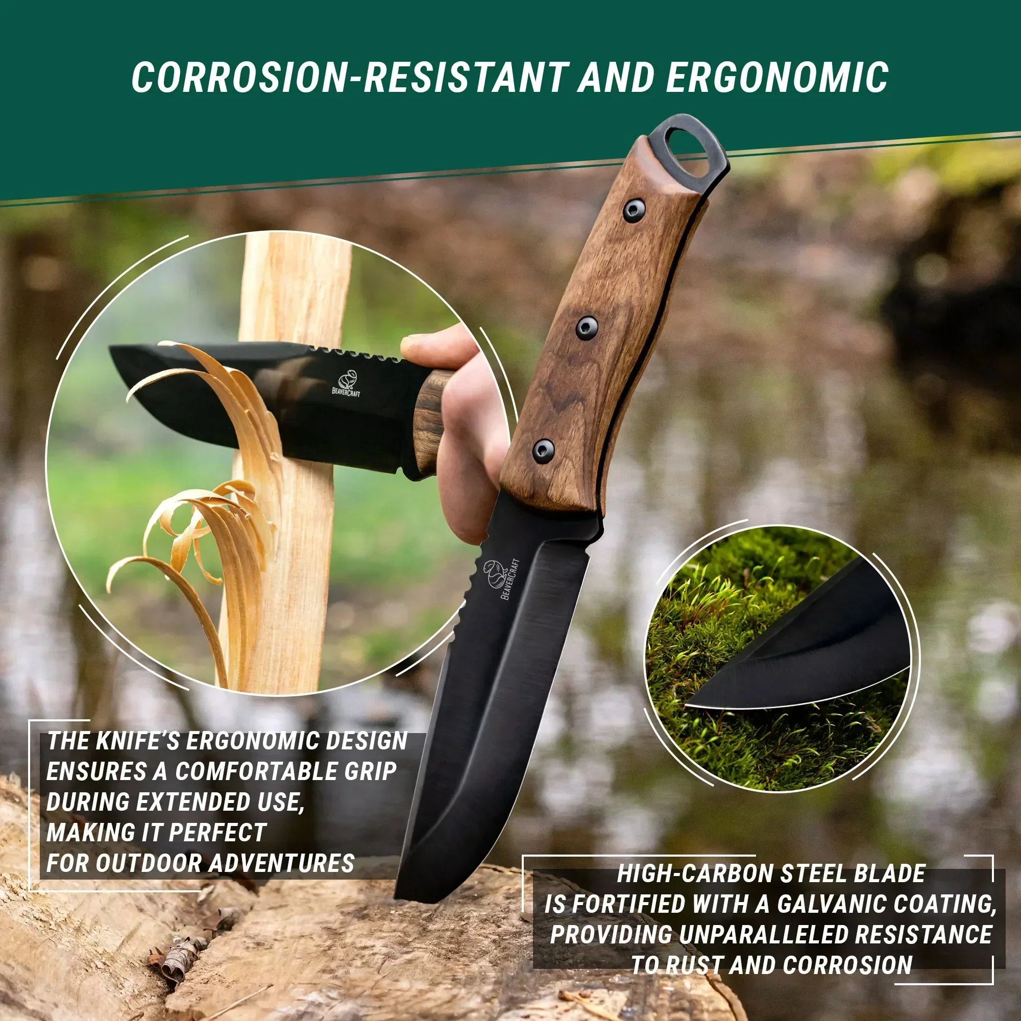 Dusk Carbon Steel Blued-Blade Bushcraft Knife Walnut Handle with Leather Sheath - Image 6